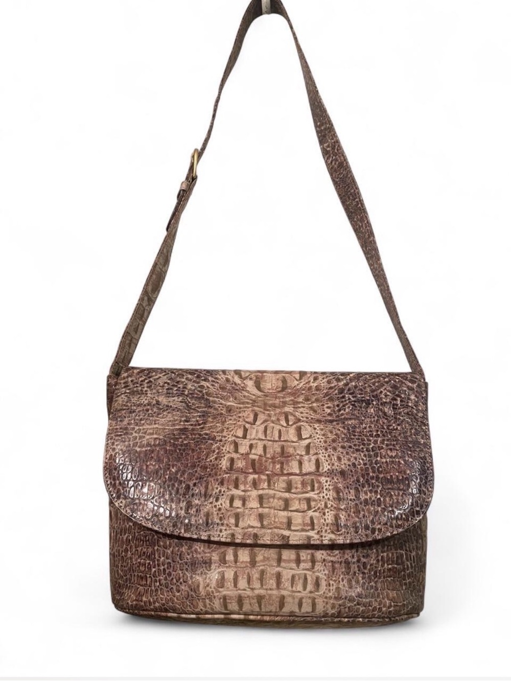 Vintage Italian Leather Croc Embossed Flap Shoulder Bag • Made in Italy • Taupe